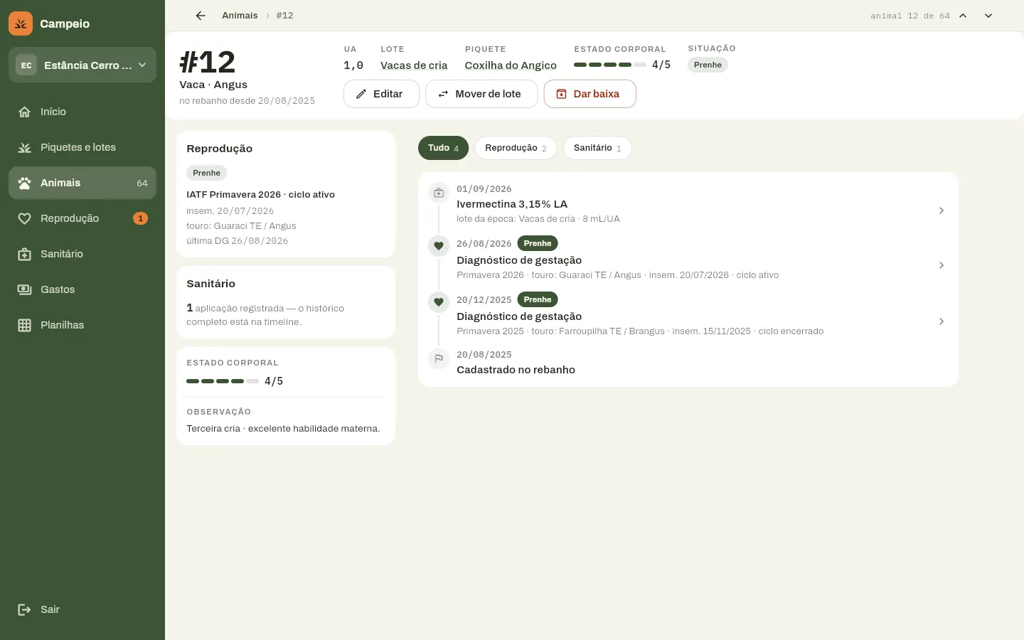 Ficha de um animal no Campeio, com os cards de reprodução e sanitário à esquerda e a linha do tempo de eventos à direita