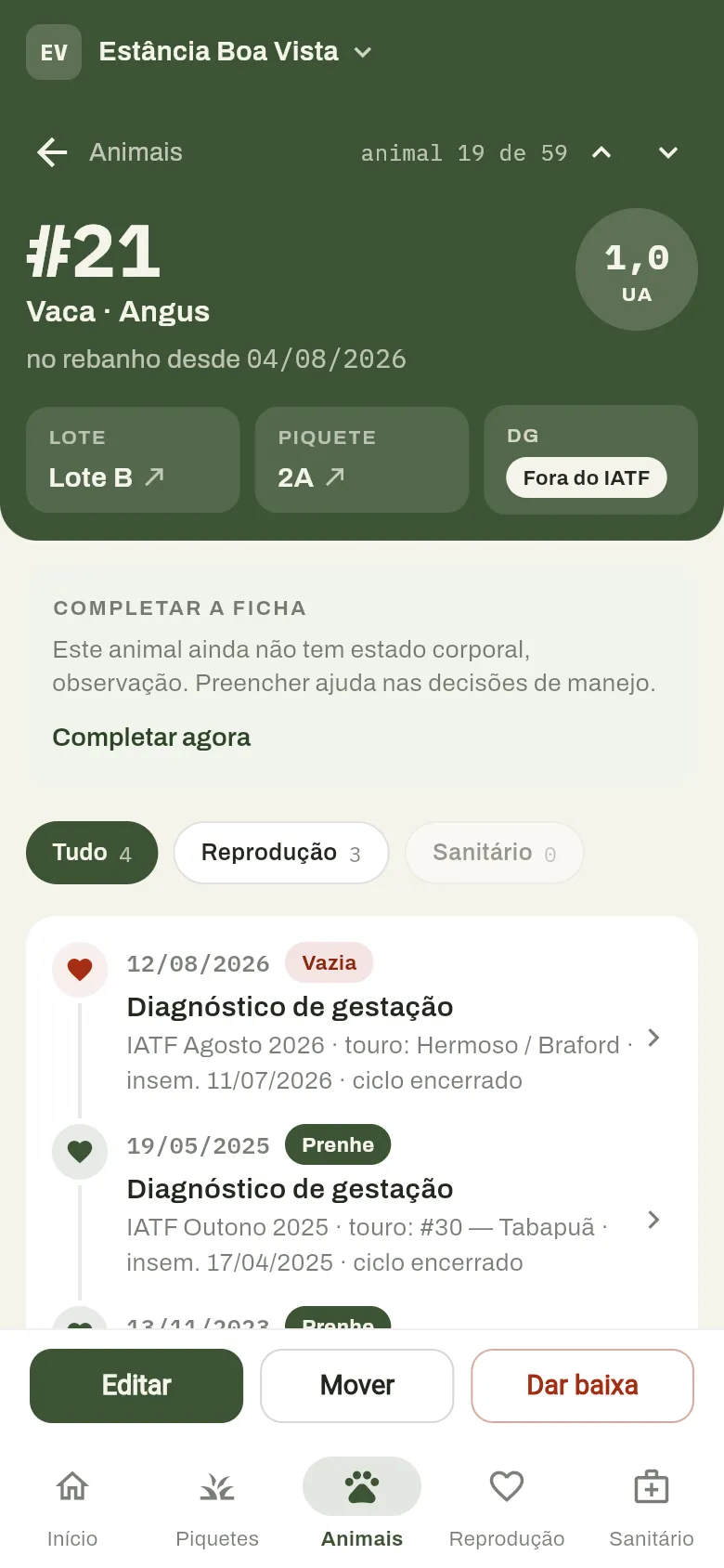 Ficha do animal no celular