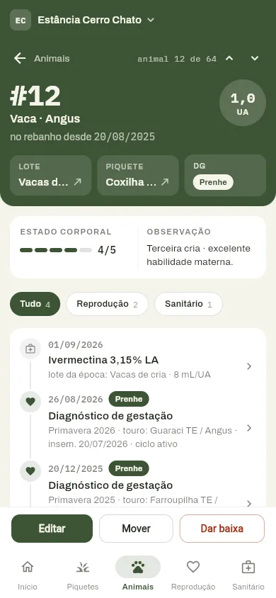 Ficha do animal no celular